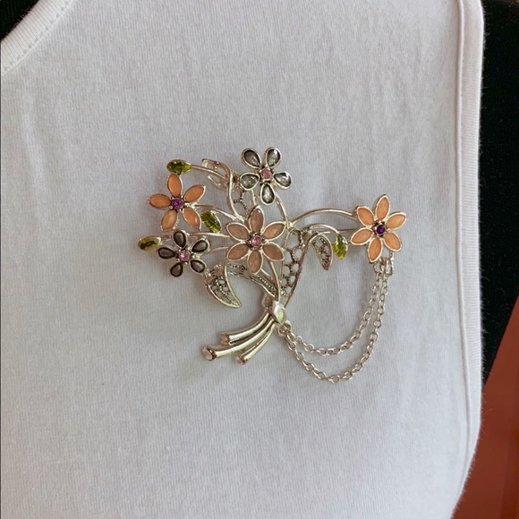 Jewelry - Silver Enamel and Crystal Floral Pin Brooch
